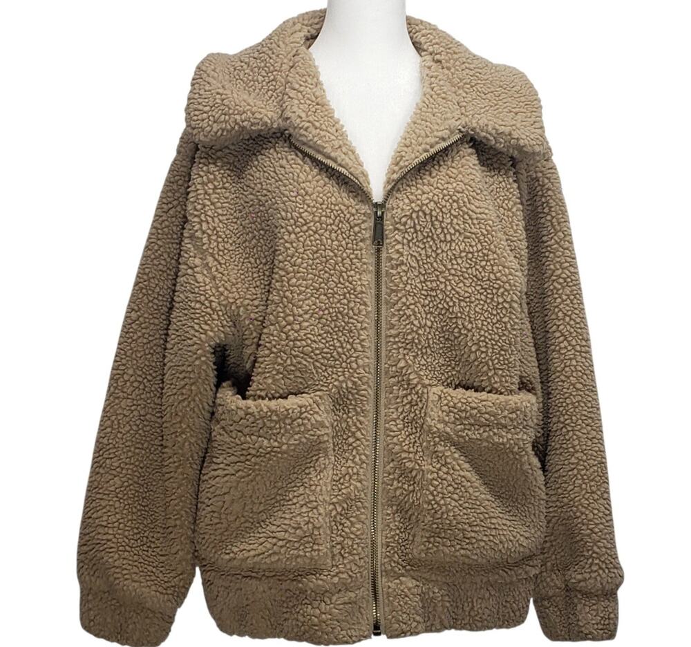 Garage Plush Teddy Sherpa Fleece Zip Jacket S Tan Beige Oversized Cabincore Cozy